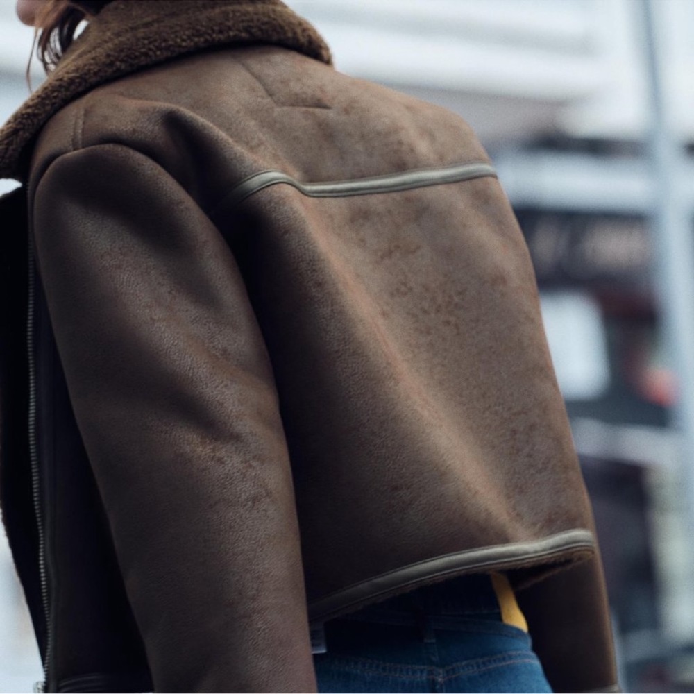 ZARA Shearling Cropped Biker Jacket - Picture 2 of 5